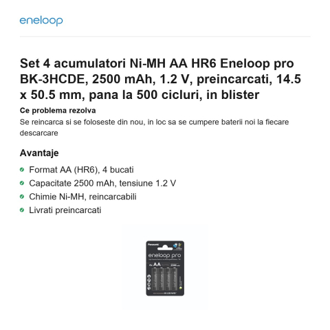 Set 4 acumulatori Ni-MH AA HR6 Eneloop pro BK-3HCDE, 2500 mAh, 1.2 V, preincarcati, 14.5 x 50.5 mm, pana la 500 cicluri, in blister [1]