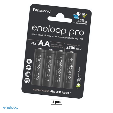 Energy - Set 4 acumulatori Ni-MH AA HR6 Eneloop pro BK-3HCDE, 2500 mAh, 1.2 V, preincarcati, 14.5 x 50.5 mm, pana la 500 cicluri, in blister