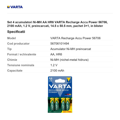 Set 4 acumulatori Ni-MH AA HR6 VARTA Recharge Accu Power 56706, 2100 mAh, 1.2 V, preincarcati, 14.5 x 50.5 mm, pachet 3+1, in blister [2]