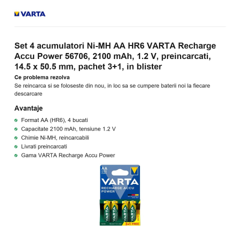 Set 4 acumulatori Ni-MH AA HR6 VARTA Recharge Accu Power 56706, 2100 mAh, 1.2 V, preincarcati, 14.5 x 50.5 mm, pachet 3+1, in blister [1]