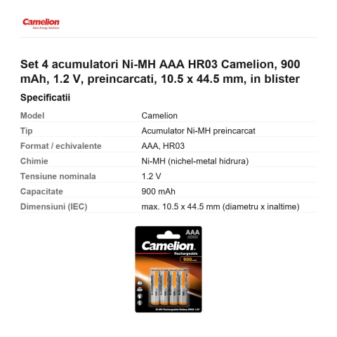 Set 4 acumulatori Ni-MH AAA HR03 Camelion, 900 mAh, 1.2 V, preincarcati, 10.5 x 44.5 mm, in blister [2]