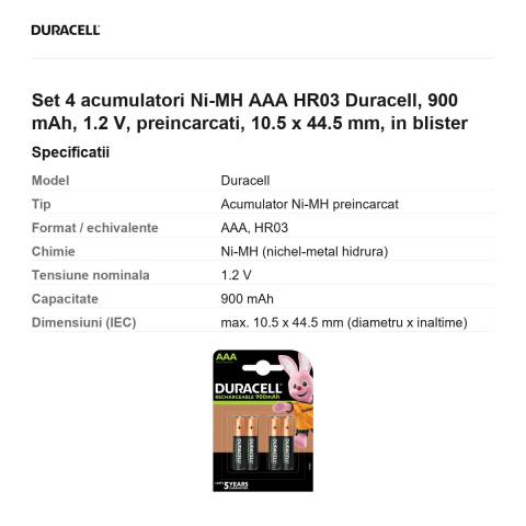 Set 4 acumulatori Ni-MH AAA HR03 Duracell, 900 mAh, 1.2 V, preincarcati, 10.5 x 44.5 mm, in blister [2]