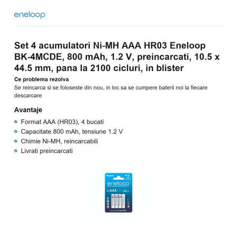Set 4 acumulatori Ni-MH AAA HR03 Eneloop BK-4MCDE, 800 mAh, 1.2 V, preincarcati, 10.5 x 44.5 mm, pana la 2100 cicluri, in blister [1]