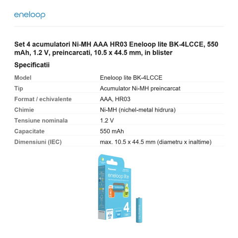 Set 4 acumulatori Ni-MH AAA HR03 Eneloop lite BK-4LCCE, 550 mAh, 1.2 V, preincarcati, 10.5 x 44.5 mm, in blister [2]