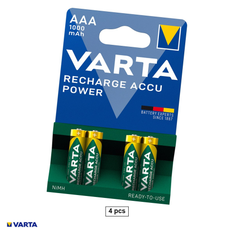 Energy - Set 4 acumulatori Ni-MH AAA HR03 VARTA Recharge Accu Power 5703, 1000 mAh, 1.2 V, preincarcati, 10.5 x 44.5 mm, in blister