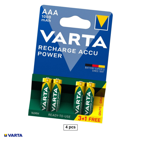 Energy - Set 4 acumulatori Ni-MH AAA HR03 VARTA Recharge Accu Power 5703, 1000 mAh, 1.2 V, preincarcati, 10.5 x 44.5 mm, pachet 3+1, in blister