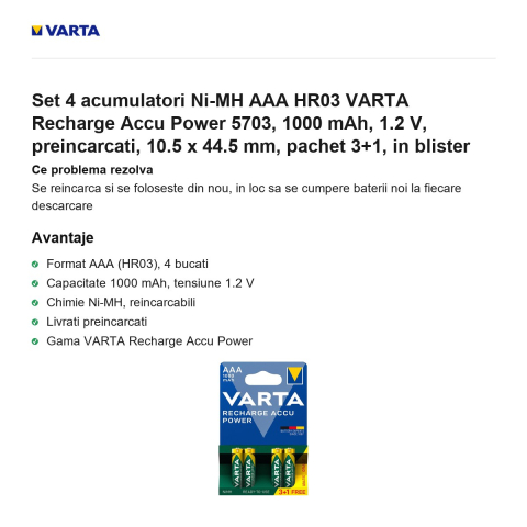 Set 4 acumulatori Ni-MH AAA HR03 VARTA Recharge Accu Power 5703, 1000 mAh, 1.2 V, preincarcati, 10.5 x 44.5 mm, pachet 3+1, in blister [1]
