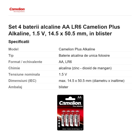 Set 4 baterii alcaline AA LR6 Camelion Plus Alkaline, 1.5 V, 14.5 x 50.5 mm, in blister [2]
