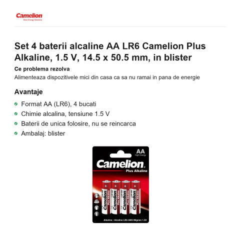Set 4 baterii alcaline AA LR6 Camelion Plus Alkaline, 1.5 V, 14.5 x 50.5 mm, in blister [1]