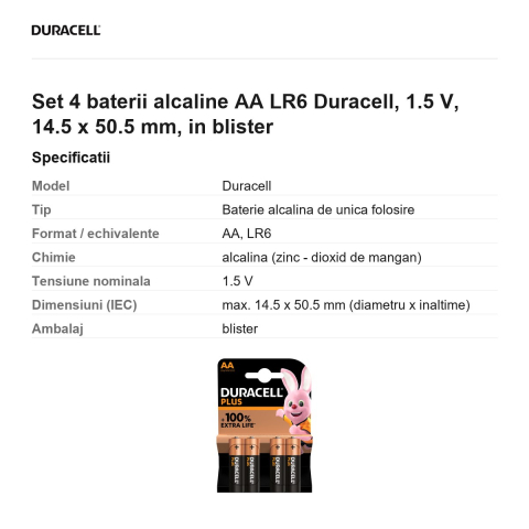 Set 4 baterii alcaline AA LR6 Duracell, 1.5 V, 14.5 x 50.5 mm, in blister [2]