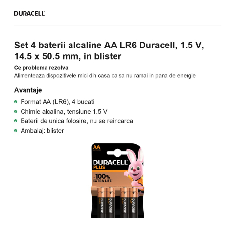 Set 4 baterii alcaline AA LR6 Duracell, 1.5 V, 14.5 x 50.5 mm, in blister [1]