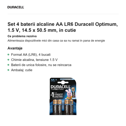 Set 4 baterii alcaline AA LR6 Duracell Optimum, 1.5 V, 14.5 x 50.5 mm, in cutie [1]