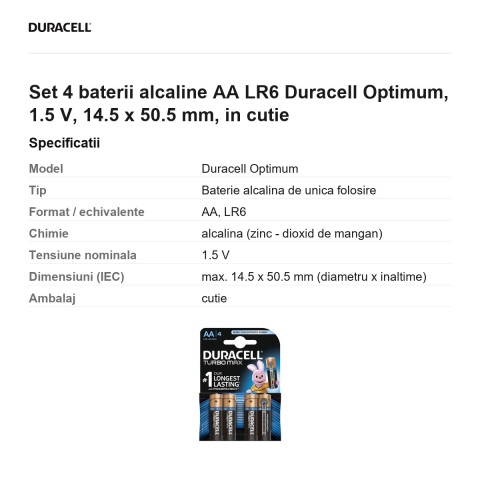 Set 4 baterii alcaline AA LR6 Duracell Optimum, 1.5 V, 14.5 x 50.5 mm, in cutie [2]