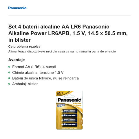 Set 4 baterii alcaline AA LR6 Panasonic Alkaline Power LR6APB, 1.5 V, 14.5 x 50.5 mm, in blister [1]