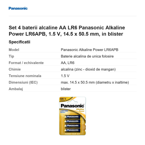 Set 4 baterii alcaline AA LR6 Panasonic Alkaline Power LR6APB, 1.5 V, 14.5 x 50.5 mm, in blister [2]