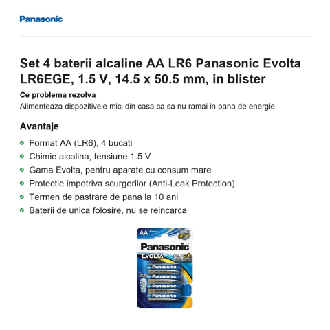 Set 4 baterii alcaline AA LR6 Panasonic Evolta LR6EGE, 1.5 V, 14.5 x 50.5 mm, in blister [1]