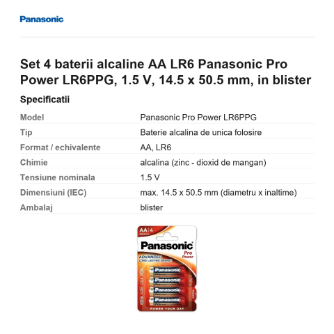 Set 4 baterii alcaline AA LR6 Panasonic Pro Power LR6PPG, 1.5 V, 14.5 x 50.5 mm, in blister [2]
