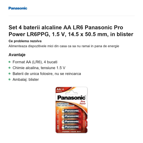 Set 4 baterii alcaline AA LR6 Panasonic Pro Power LR6PPG, 1.5 V, 14.5 x 50.5 mm, in blister [1]