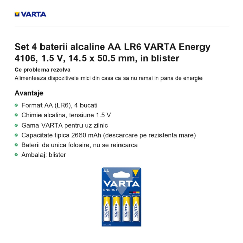 Set 4 baterii alcaline AA LR6 VARTA Energy 4106, 1.5 V, 14.5 x 50.5 mm, in blister [1]
