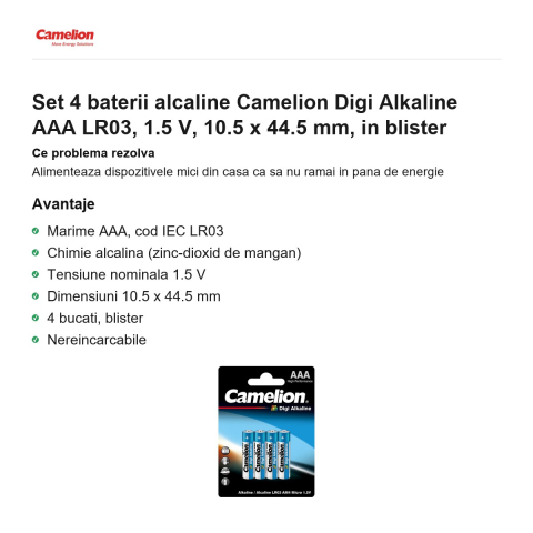 Set 4 baterii alcaline Camelion Digi Alkaline AAA LR03, 1.5 V, 10.5 x 44.5 mm, in blister [1]