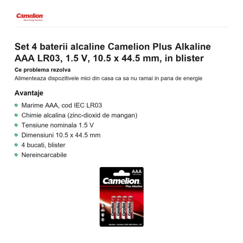 Set 4 baterii alcaline Camelion Plus Alkaline AAA LR03, 1.5 V, 10.5 x 44.5 mm, in blister [1]
