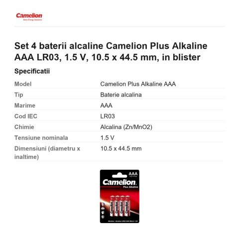 Set 4 baterii alcaline Camelion Plus Alkaline AAA LR03, 1.5 V, 10.5 x 44.5 mm, in blister [2]