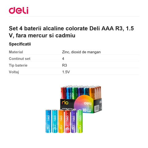Set 4 baterii alcaline colorate Deli AAA R3, 1.5 V, fara mercur si cadmiu [2]