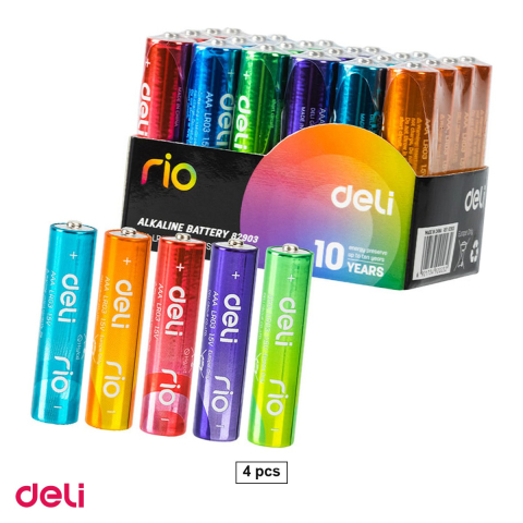 Baterii, acumulatori si incarcatoare - Set 4 baterii alcaline colorate Deli AAA R3, 1.5 V, fara mercur si cadmiu