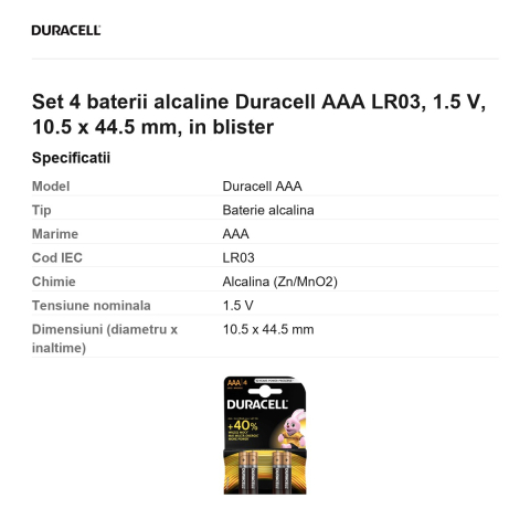 Set 4 baterii alcaline Duracell AAA LR03, 1.5 V, 10.5 x 44.5 mm, in blister [2]