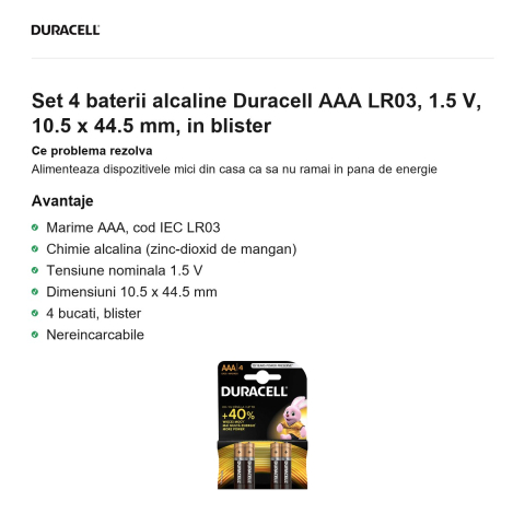 Set 4 baterii alcaline Duracell AAA LR03, 1.5 V, 10.5 x 44.5 mm, in blister [1]