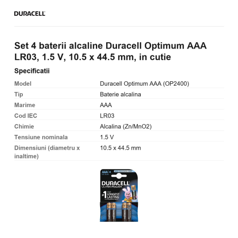 Set 4 baterii alcaline Duracell Optimum AAA LR03, 1.5 V, 10.5 x 44.5 mm, in cutie [2]