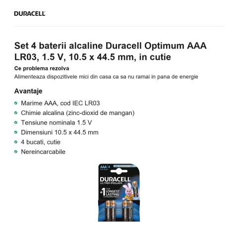 Set 4 baterii alcaline Duracell Optimum AAA LR03, 1.5 V, 10.5 x 44.5 mm, in cutie [1]