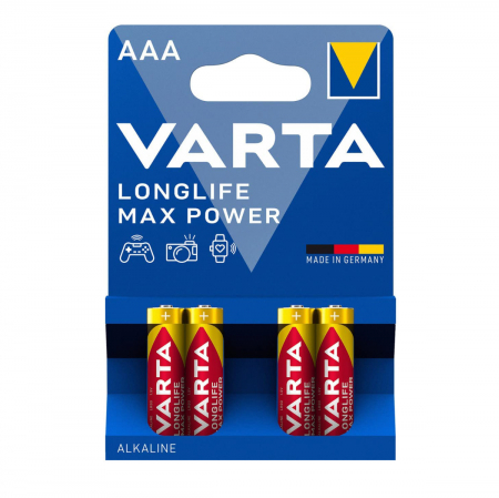 Baterii Alcaline LR03  - Set 4 baterii alcaline LR03, Varta Longlife Max Power AAA, 1.5V, in blister