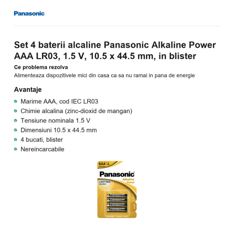 Set 4 baterii alcaline Panasonic Alkaline Power AAA LR03, 1.5 V, 10.5 x 44.5 mm, in blister [1]