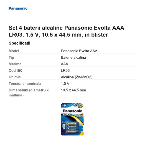 Set 4 baterii alcaline Panasonic Evolta AAA LR03, 1.5 V, 10.5 x 44.5 mm, in blister [2]