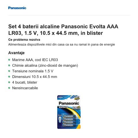 Set 4 baterii alcaline Panasonic Evolta AAA LR03, 1.5 V, 10.5 x 44.5 mm, in blister [1]