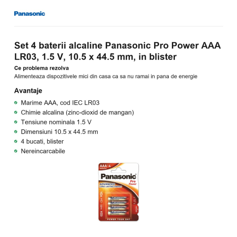 Set 4 baterii alcaline Panasonic Pro Power AAA LR03, 1.5 V, 10.5 x 44.5 mm, in blister [1]