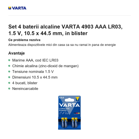 Set 4 baterii alcaline VARTA 4903 AAA LR03, 1.5 V, 10.5 x 44.5 mm, in blister [1]