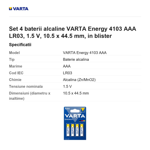 Set 4 baterii alcaline VARTA Energy 4103 AAA LR03, 1.5 V, 10.5 x 44.5 mm, in blister [2]