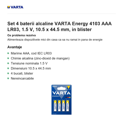 Set 4 baterii alcaline VARTA Energy 4103 AAA LR03, 1.5 V, 10.5 x 44.5 mm, in blister [1]