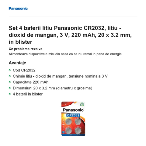 Set 4 baterii litiu Panasonic CR2032, litiu - dioxid de mangan, 3 V, 220 mAh, 20 x 3.2 mm, in blister [1]