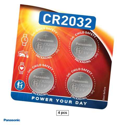 Energy - Set 4 baterii litiu Panasonic CR2032, litiu - dioxid de mangan, 3 V, 220 mAh, 20 x 3.2 mm, in blister
