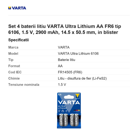 Set 4 baterii litiu VARTA Ultra Lithium AA FR6 tip 6106, 1.5 V, 2900 mAh, 14.5 x 50.5 mm, in blister [2]