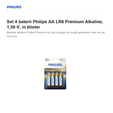 Set 4 baterii Philips AA LR6 Premium Alkaline, 1,50 V, in blister [1]