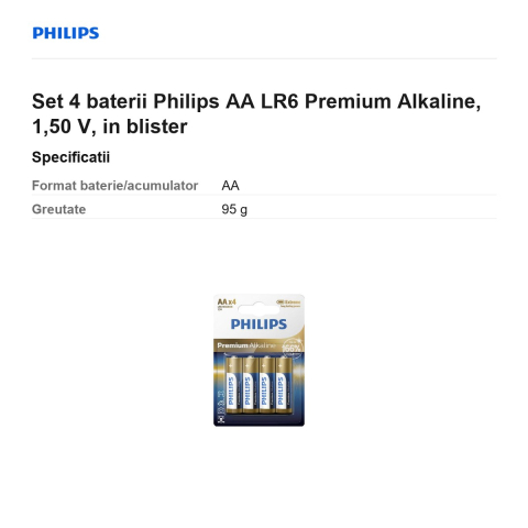 Set 4 baterii Philips AA LR6 Premium Alkaline, 1,50 V, in blister [2]