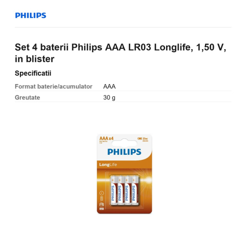 Set 4 baterii Philips AAA LR03 Longlife, 1,50 V, in blister [2]
