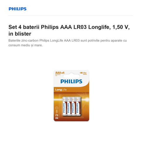 Set 4 baterii Philips AAA LR03 Longlife, 1,50 V, in blister [1]