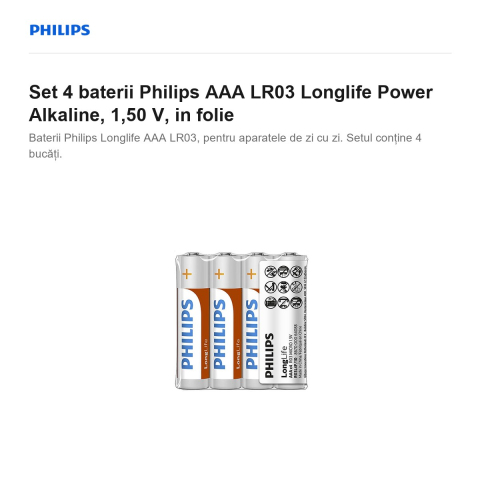 Set 4 baterii Philips AAA LR03 Longlife Power Alkaline, 1,50 V, in folie [1]