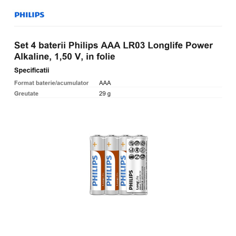 Set 4 baterii Philips AAA LR03 Longlife Power Alkaline, 1,50 V, in folie [2]