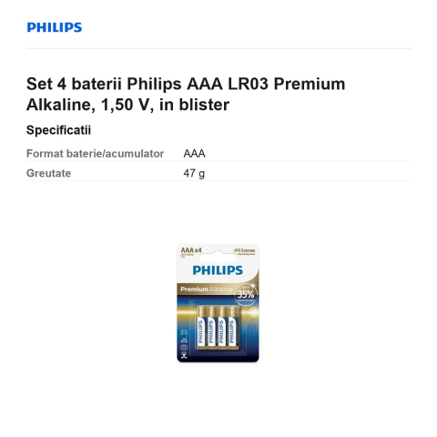 Set 4 baterii Philips AAA LR03 Premium Alkaline, 1,50 V, in blister [2]